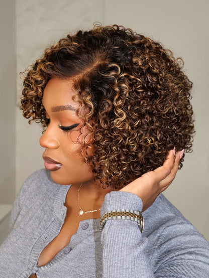 Anna Highlights Side Part Curly Bob 7x5 Lace Wig