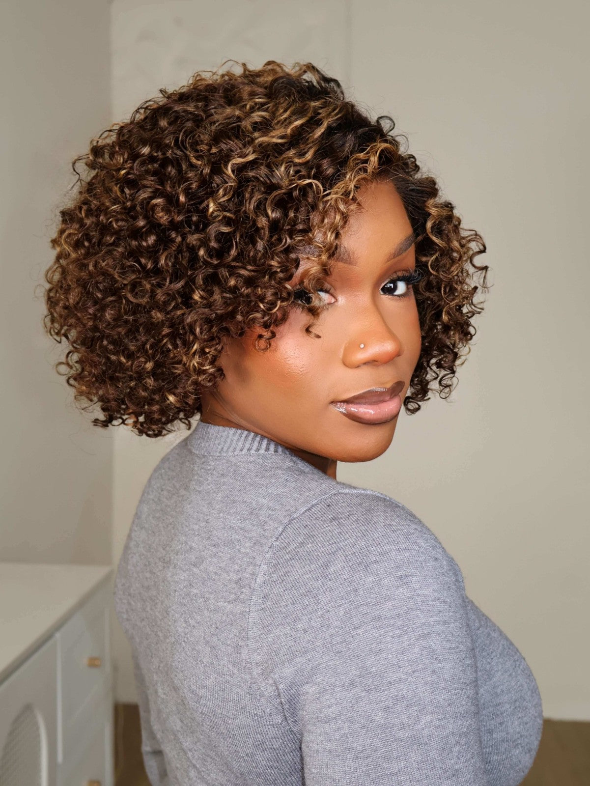 Anna Highlights Side Part Curly Bob 7x5 Lace Wig