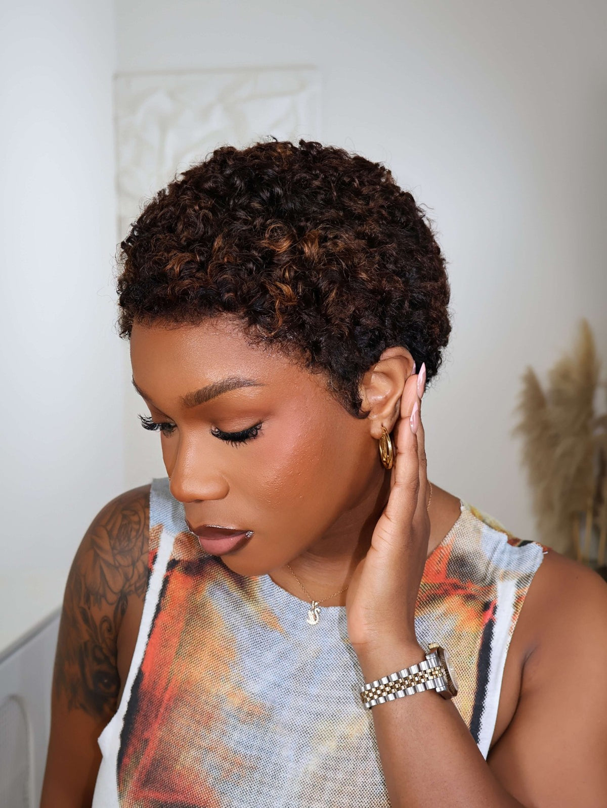 Highlight Brown Uche Full Lace Curly Pixie Cut Wig
