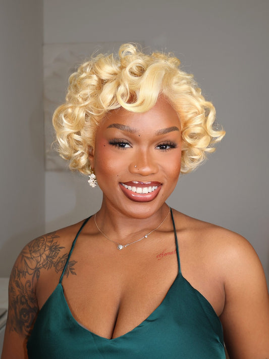 Marie 613 Blonde Short Barrel Curls 13x6 Lace Human Hair Wig