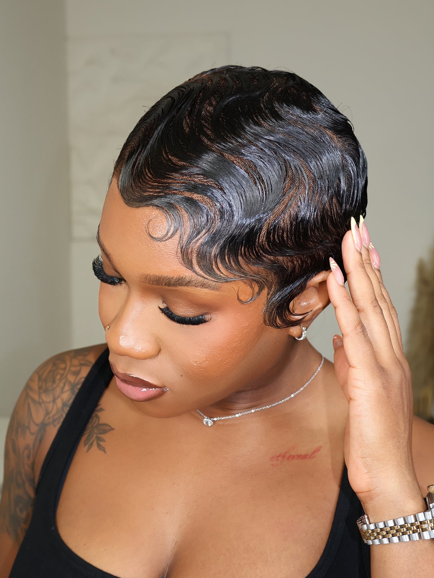 Ava Full Lace Sleek Finger Wave Pixie Cut Wig